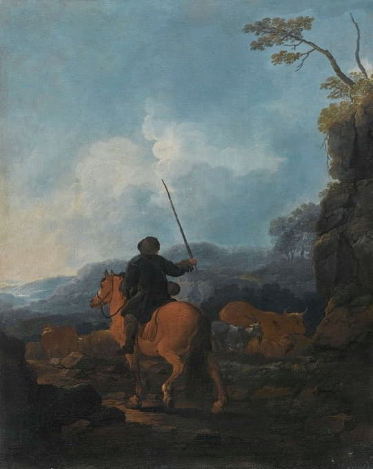 牧人骑着马在风景中带领羊群的牧羊人