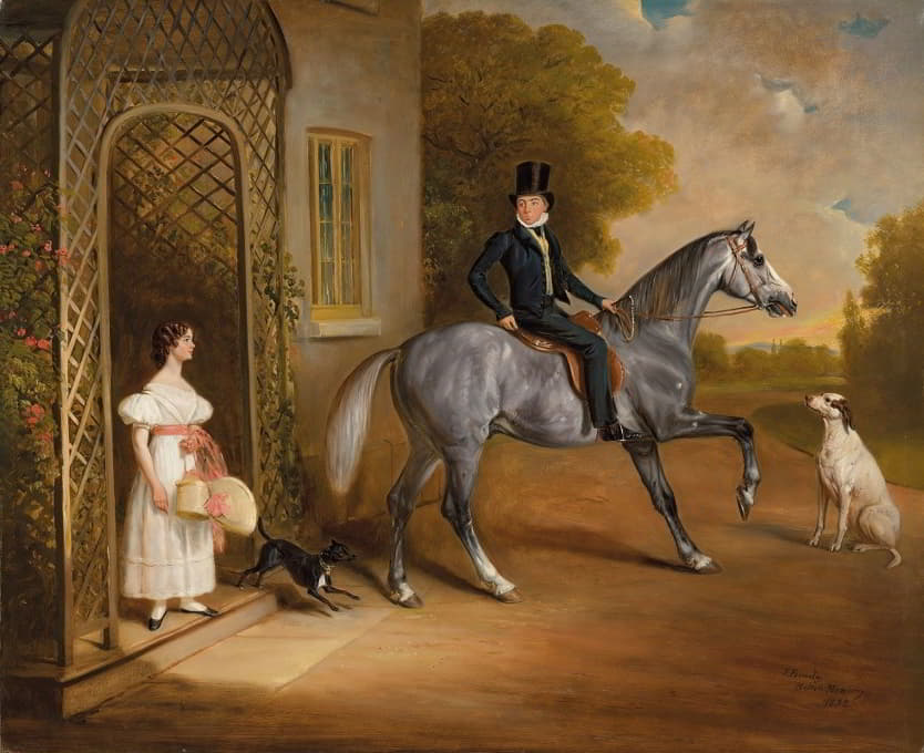 克洛威尔·巴特勒，约翰·马里奥特大师骑着一匹灰色的马，带着他的妹妹安妮斯和他们的狗在榆树外