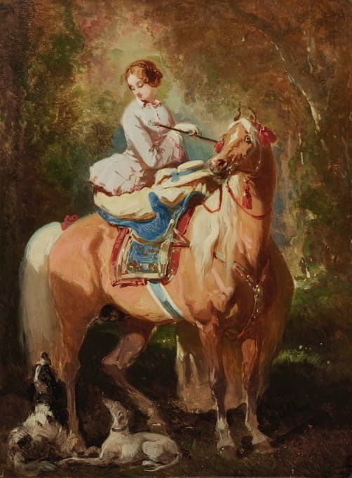 Alfred De Dreux - Amazone blonde regardant deux chiens et un cheval Alezan Clair
