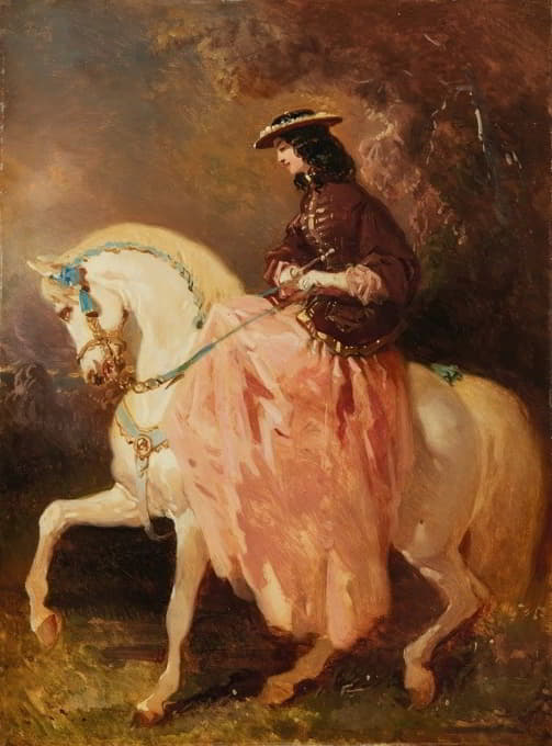 Alfred De Dreux - Amazone au petit canotier, veste rouge, jupe rose, une cravache sur un cheval gris aux rubans bleus
