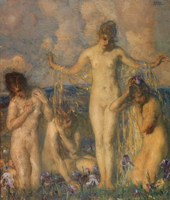 四个女性裸体在有鸢尾花的草地上