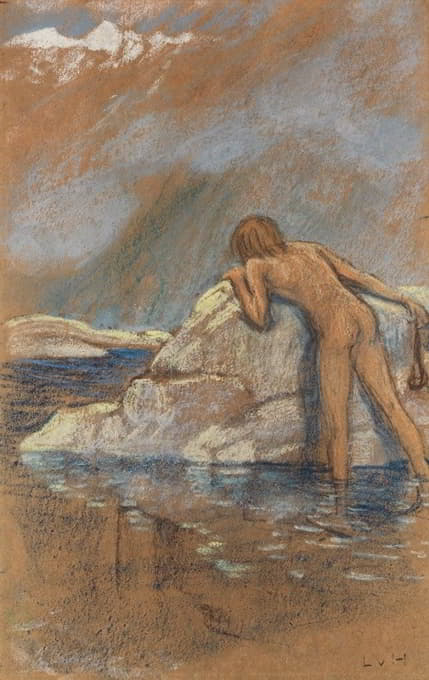 赤身裸体的男孩，用石头投掷器狩猎大理石