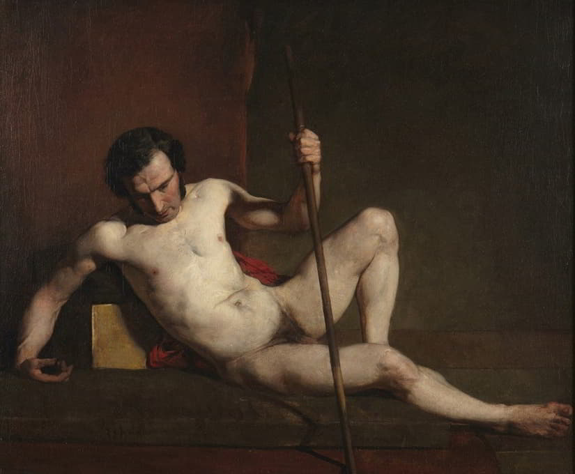 男性裸体倚靠着拐杖
