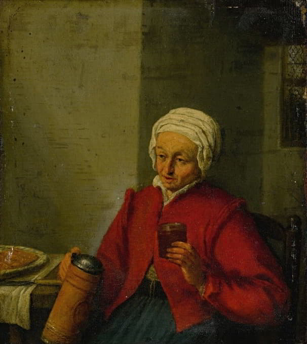 Adriaen van Ostade - A woman holding a jug and a cup