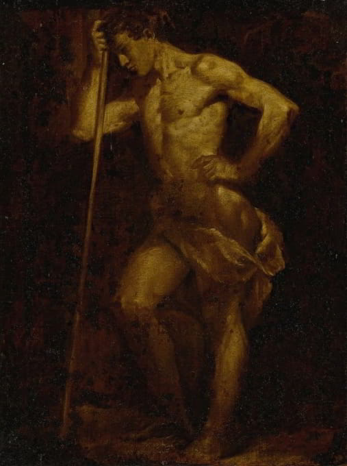 Donato Creti - Nude academic sketch of a man holding a staff, en brunaille