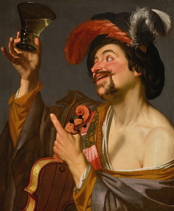 Gerard van Honthorst - A merry violinist holding a roemer