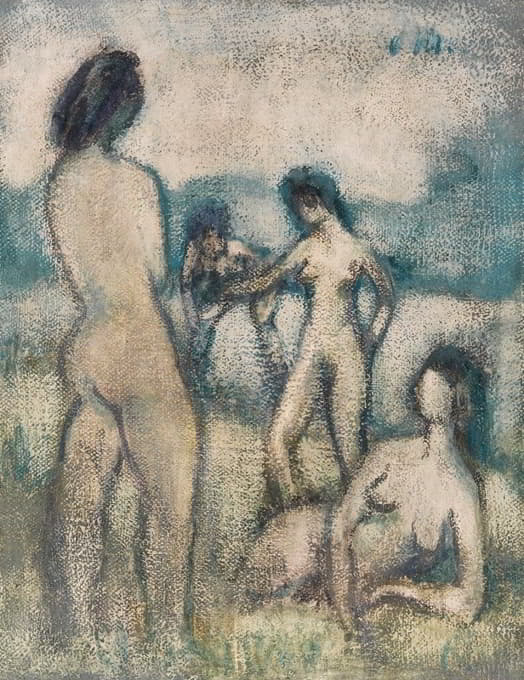 四个游泳者（站立和躺着的女性队列，游泳者，草地上四个真人大小的队列）