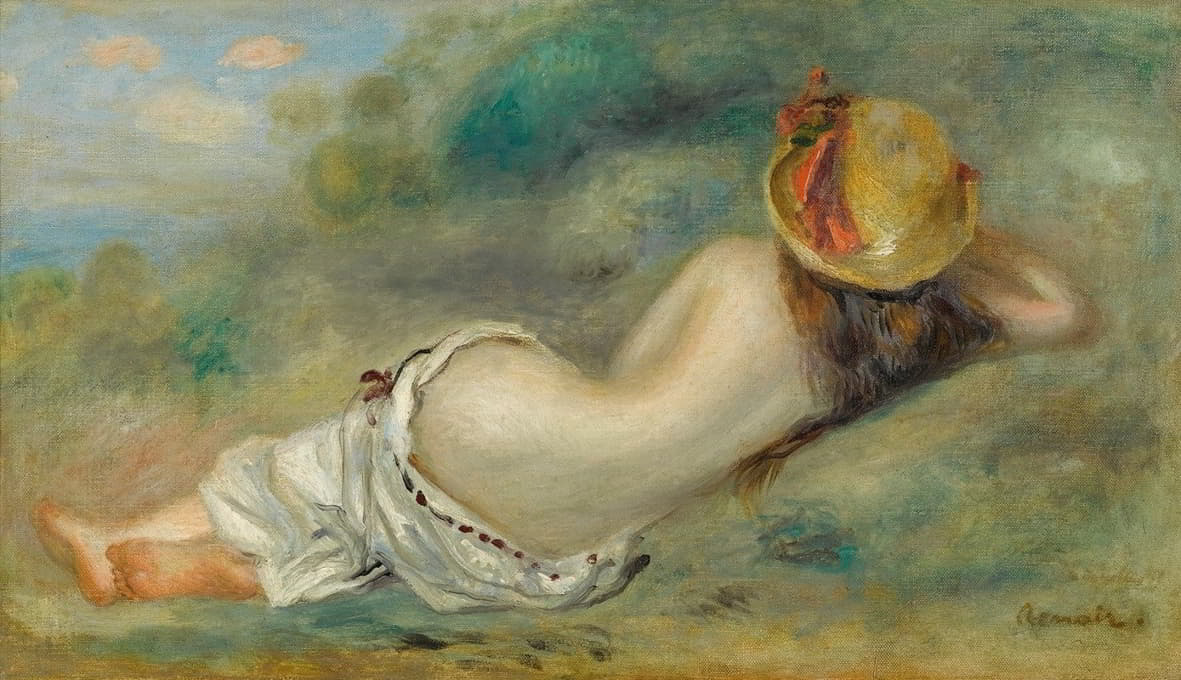 躺在草地上的戴着金色草帽的沐浴者 女人躺在草地上