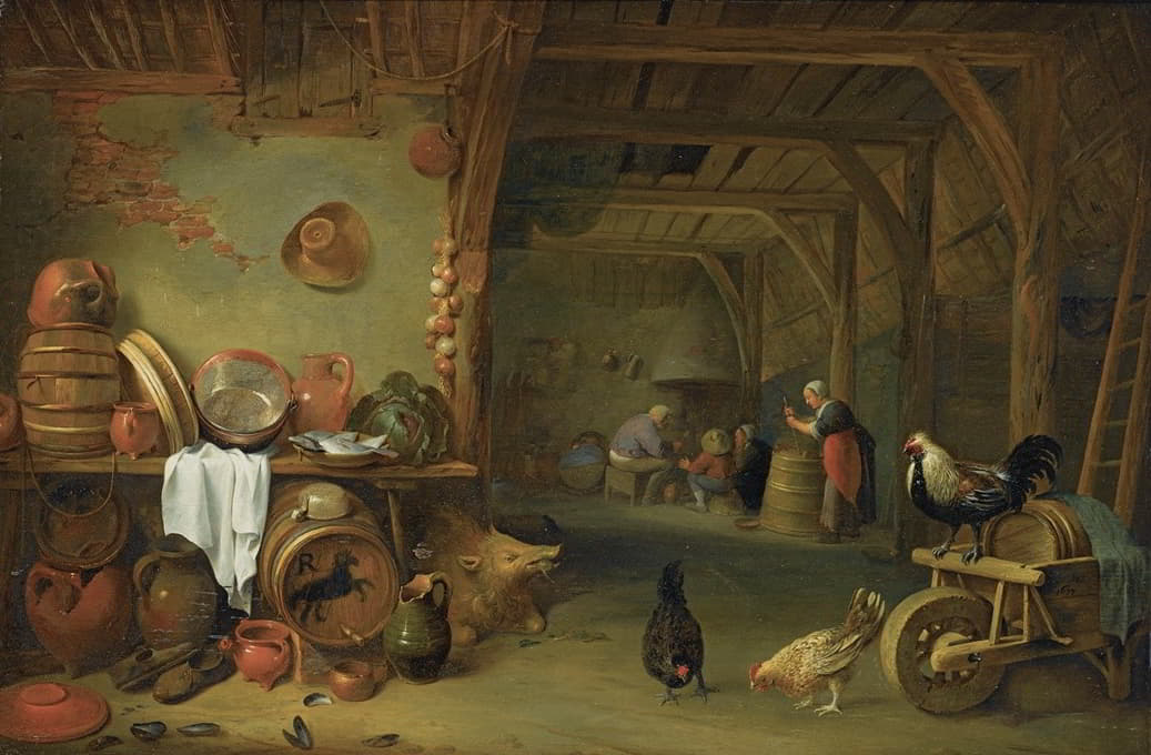 谷仓内部有盘子上的鱼、卷心菜、陶器、铜锅和其他厨房用具的静物
