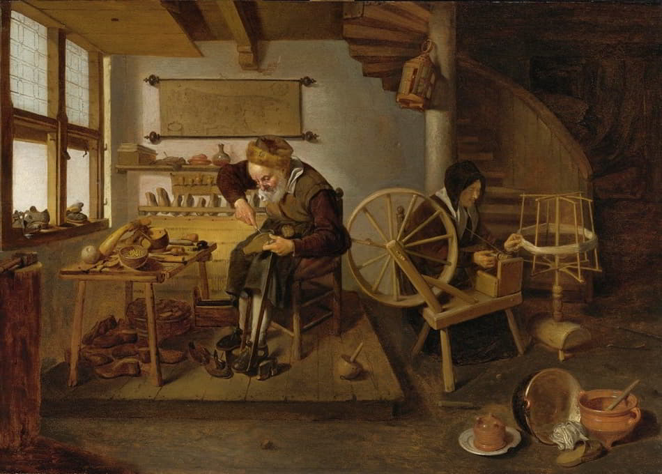 一个正在工作的鞋匠，他的妻子正在纺羊毛