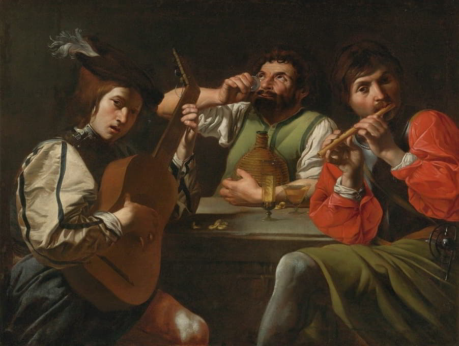 Follower of Valentin de Boulogne - Musicians And Drinkers In An Interior