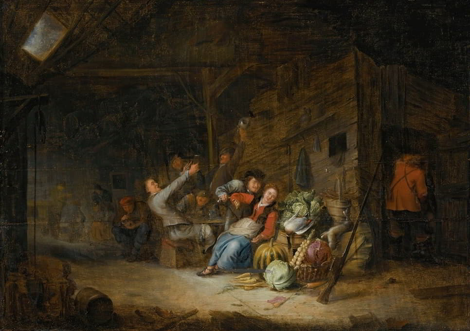 Gerrit Lundens - A Barn Interior With Figures Drinking Around A Table