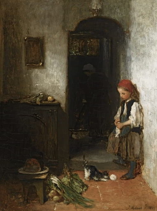 Jacob Maris - A Girl With A Playing Kitten