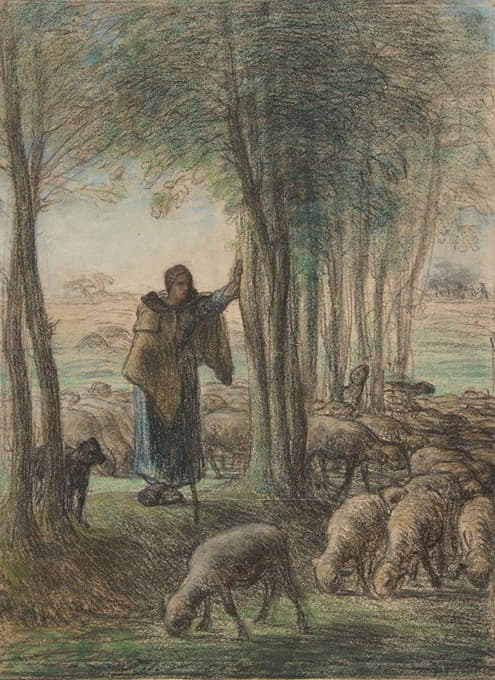 树荫下的牧羊女和她的羊群