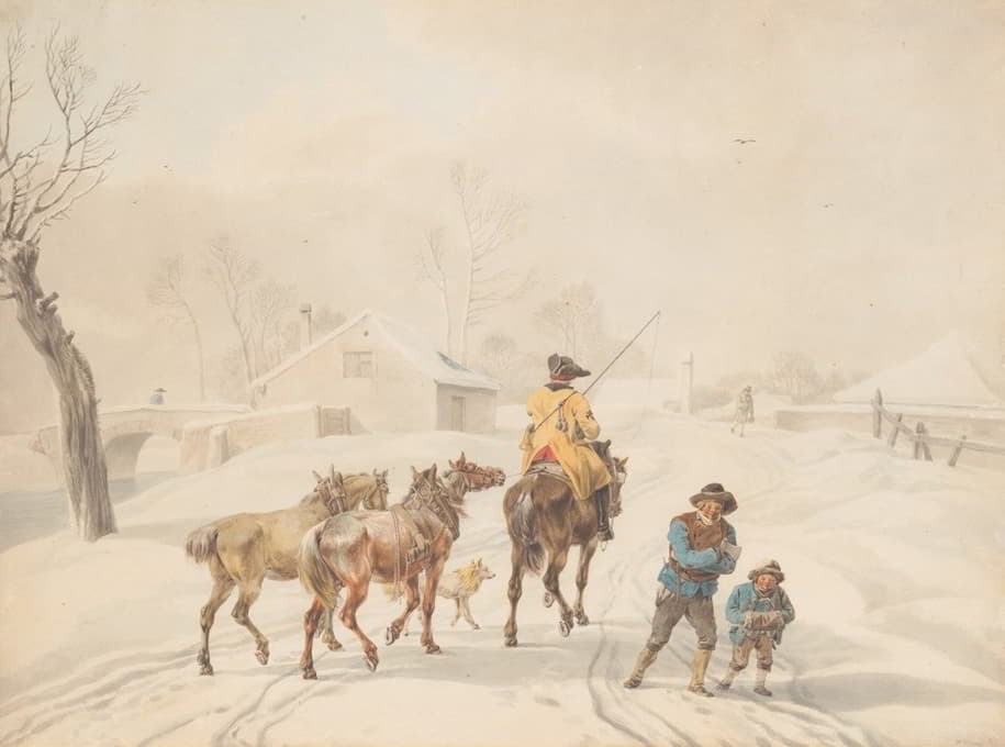 冬季风景中骑马的邮差