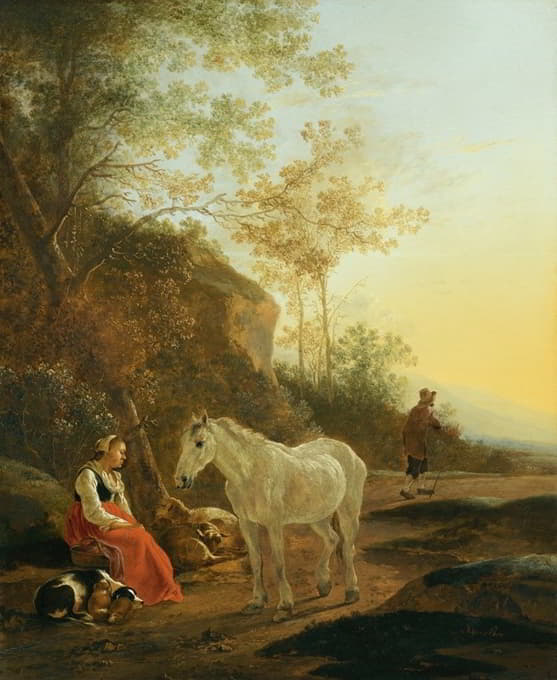 一个牧羊女和一匹白马的风景