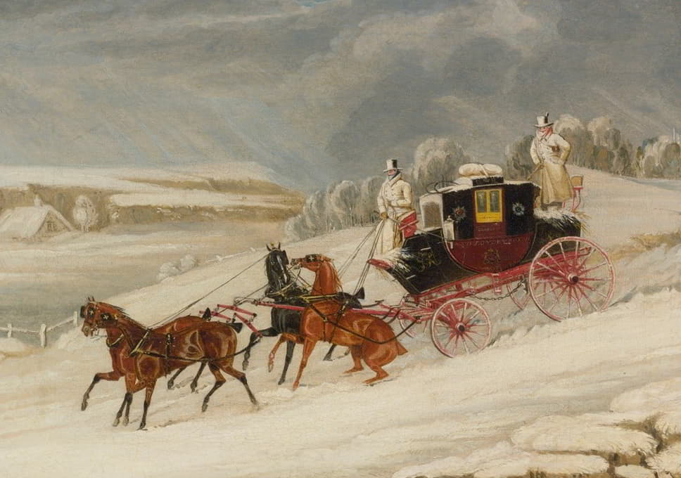 伦敦格拉斯哥皇家邮车在暴风雪中下山