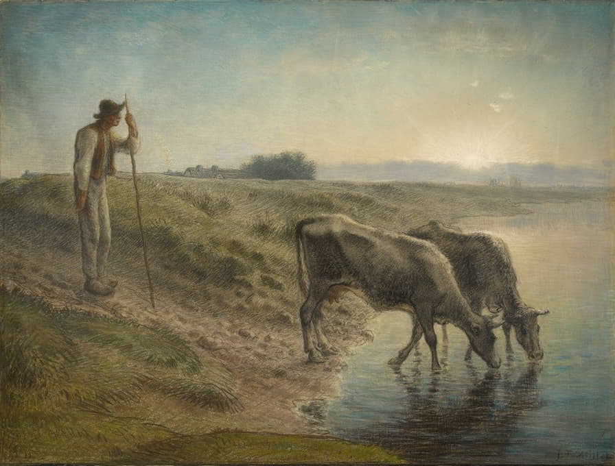 黄昏时，农民在艾利尔河畔给他的奶牛浇水