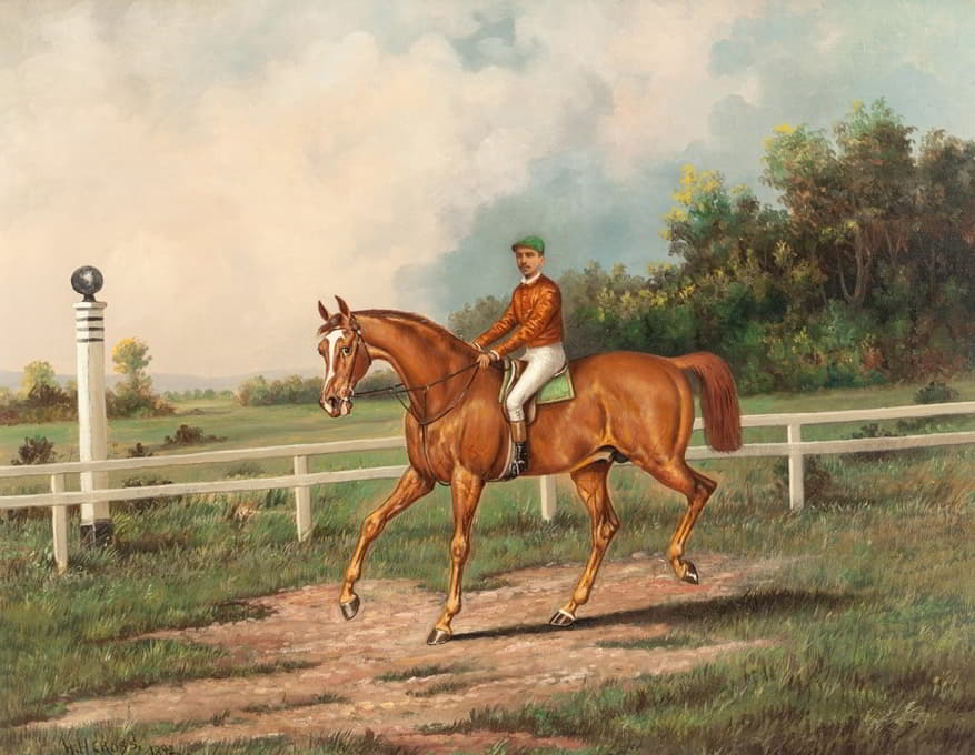 Henry Herman Cross - Chestnut Racehorse with Jockey Up on a Training Track with a Wooded Landscape Beyond