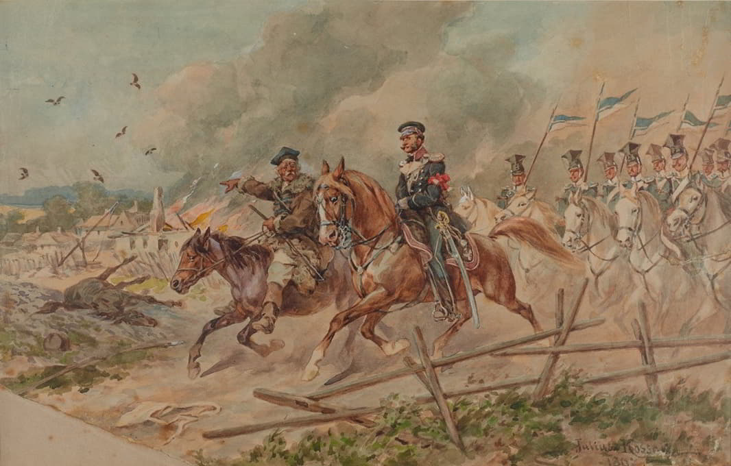 Juliusz Kossak - Lancers from the 2nd Regiment in 1831 during scouting with a guide