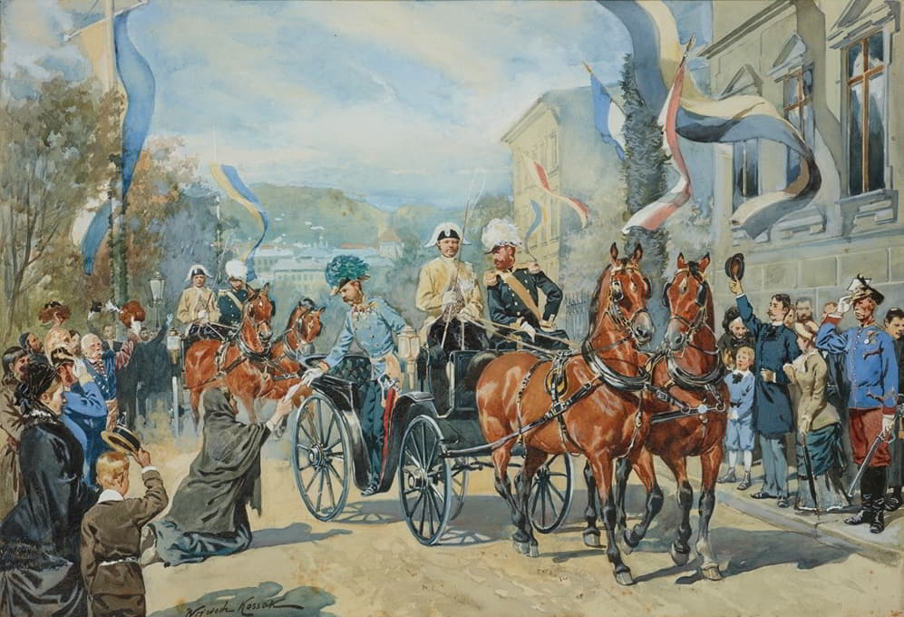 Wojciech Kossak - The Emperor Accepting the Petition During His Ride in a Cart Through the City