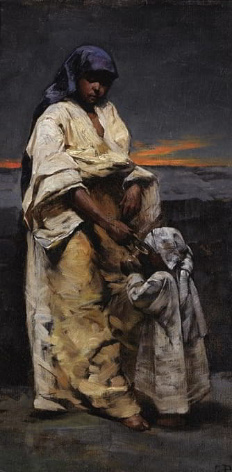 母亲和孩子，黄昏沙漠