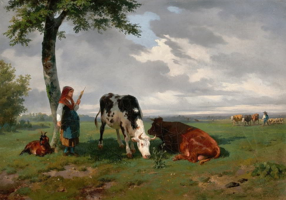 牧场上的牧羊女和两头母牛