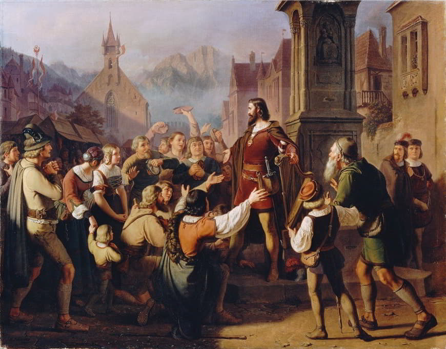 Franz Schams - Duke Friedrich IV, disguised as a minstrel, reveals himself to his faithful Tyroleans while fleeing Constance