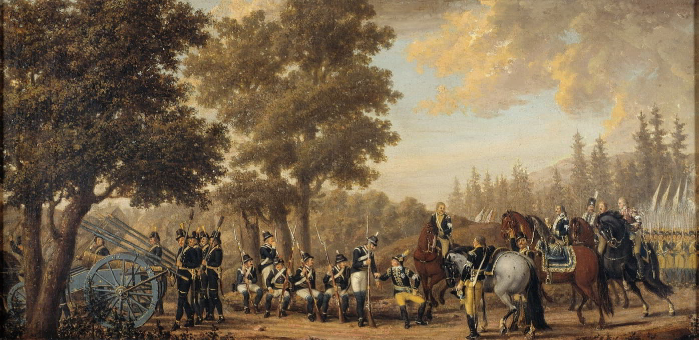 Pehr Hilleström - King Gustav III of Sweden & a Soldier.Episode from the Russian War 1789