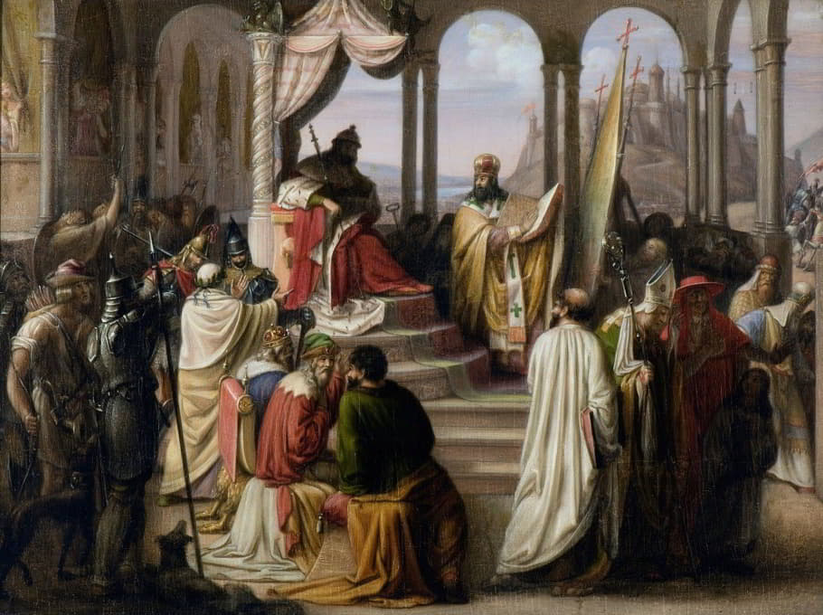 Johann Leberecht Eggink - Prince Vladimir Chooses A Religion In 988.(A Religious Dispute In The Russian Court)
