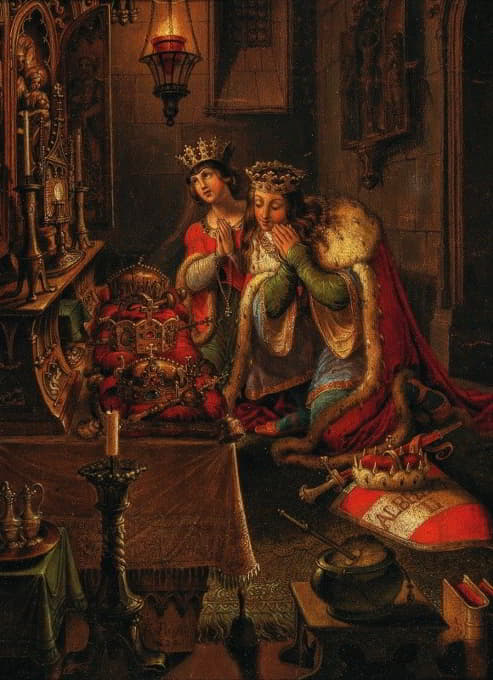 卢森堡国王阿尔伯特二世和他的妻子伊丽莎白在祈祷时，祭坛上放着波希米亚和匈牙利的皇冠，以及神圣罗马帝国的皇冠