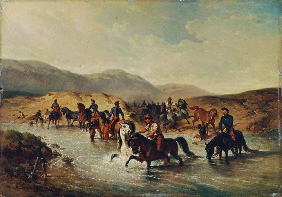 Joseph Anton Strassgschwandtner - Französische Kavallerie in der Pferdeschwemme