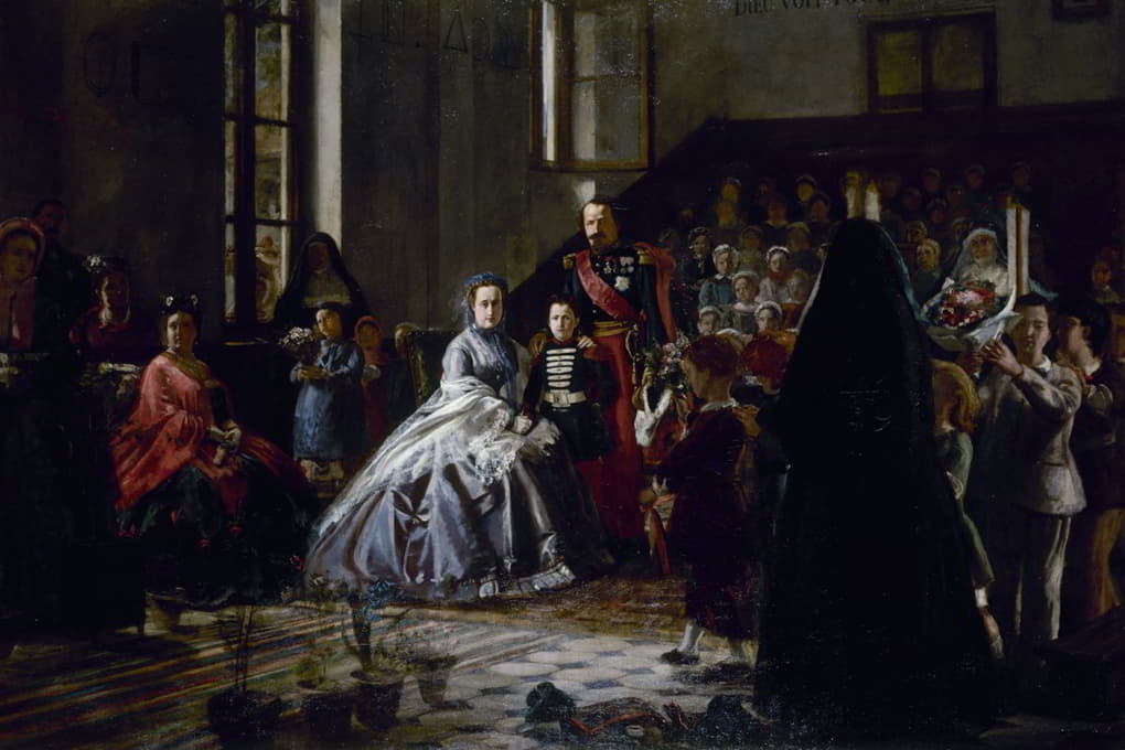 Auguste Victor Pluyette - L’Empereur, l’Impératrice et le prince impérial visitant une salle d’asile à Fontainebleau