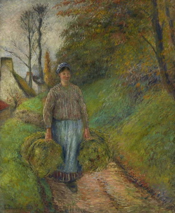 一个农妇拿着两捆干草
