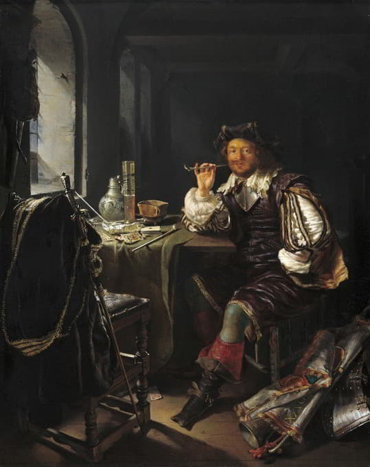 Frans van Mieris the Elder - A Soldier Smoking a Pipe