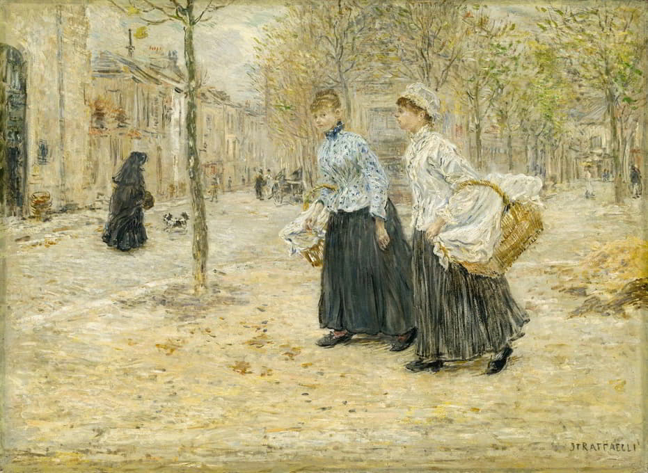 两个洗衣女工穿过巴黎的一个小公园