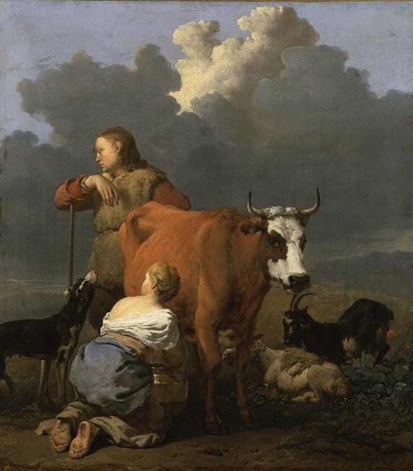 Karel Dujardin - Peasant Girl Milking a Cow
