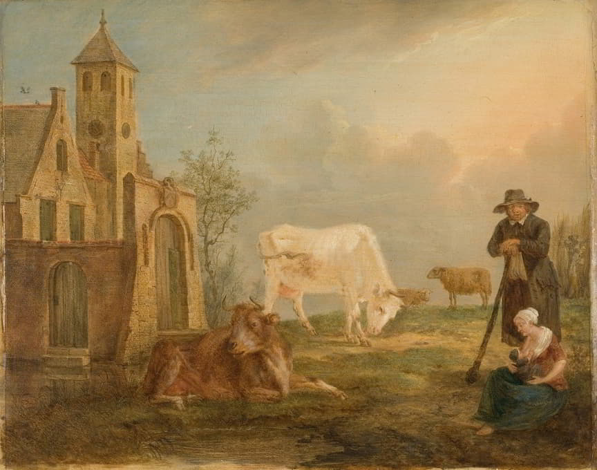Peter van Regemorter - Landscape with Peasants and Cows