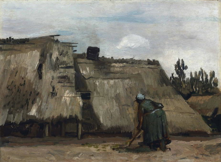 一位农妇在她的小屋前挖掘