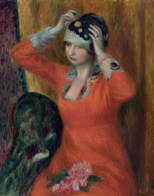 William James Glackens - Girl in Red Dress Pinning on Hat