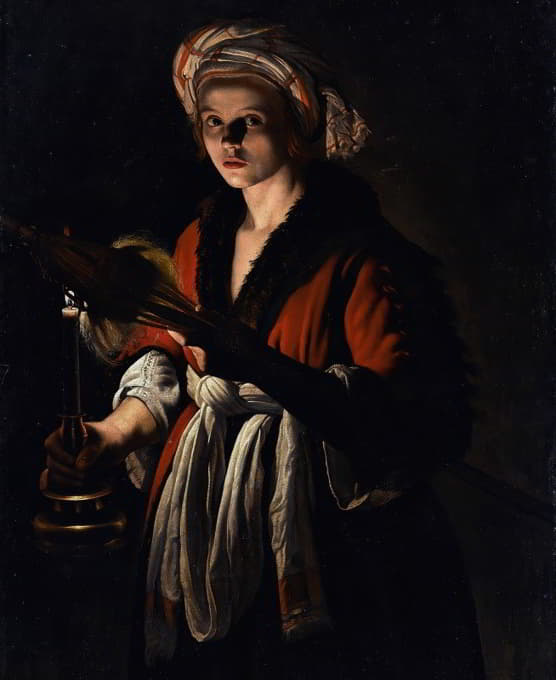 Adam de Coster - A Young Woman Holding A Distaff Before A Lit Candle