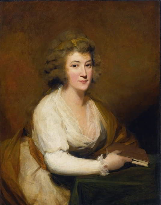 那斯迈思夫人的肖像，穿着白色连衣裙，披着棕色披肩，坐在桌子旁，手里拿着一本书