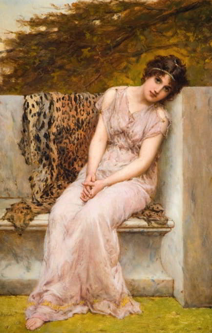 一位年轻女子坐在大理石座椅上的肖像