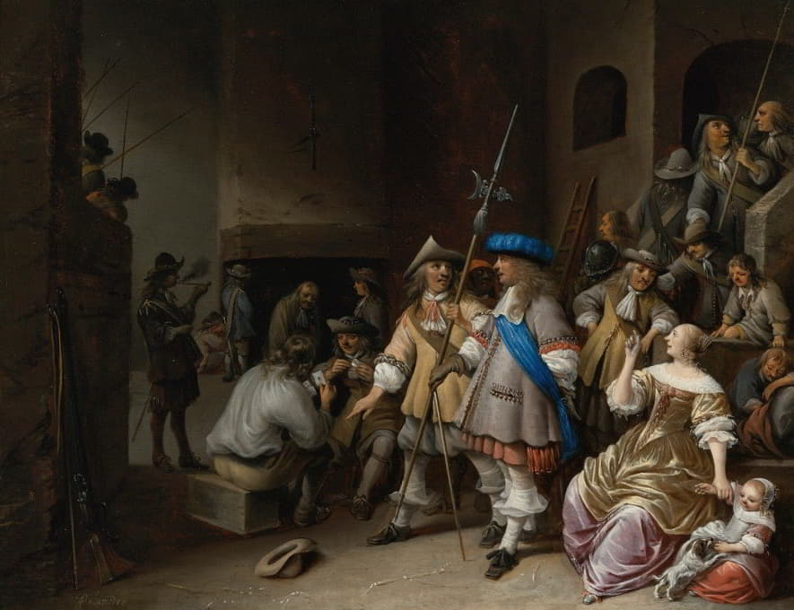 Anthonie Palamedesz. - A Guardroom Interior With A Company Of Pikemen, Card Players, And A Woman With A Child