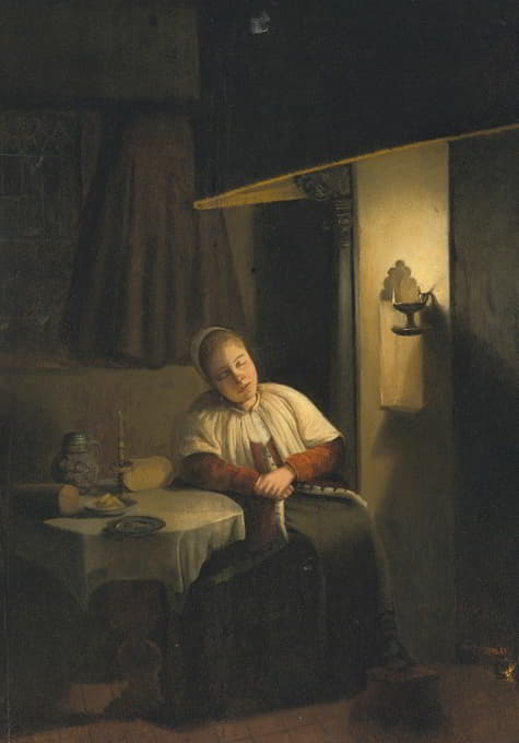 Dutch School - Seated Lady In An Interior By Candlelight
