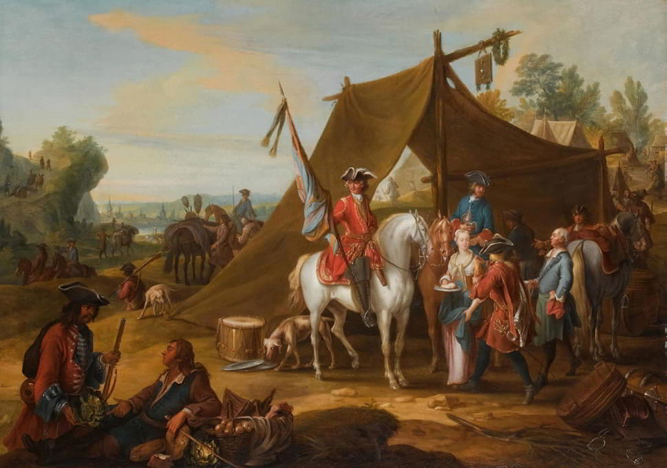 Jan Peeter Verdussen - A Military Encampment, Depicting The Household Cavalry Of The duke of Savoy (1744-1745) With A Standard Bearer And Horses By A Tent