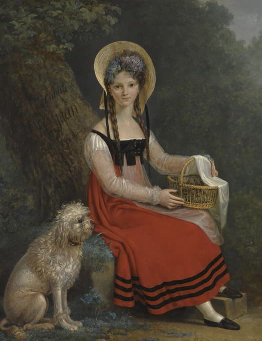 一位年轻女士的画像，她的狗简坐在树下