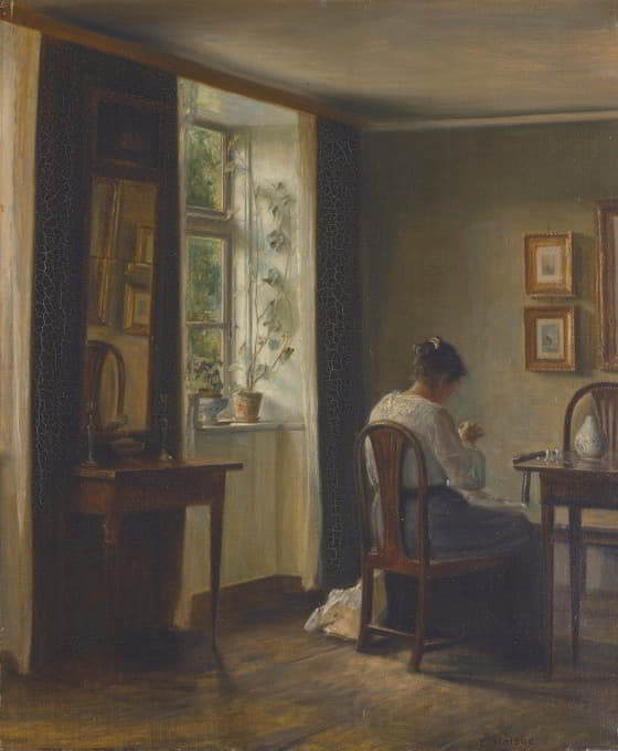 Carl Holsøe - Seamstress Sewing In An Interior