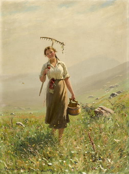Hans Dahl - A Young Woman In The Meadow