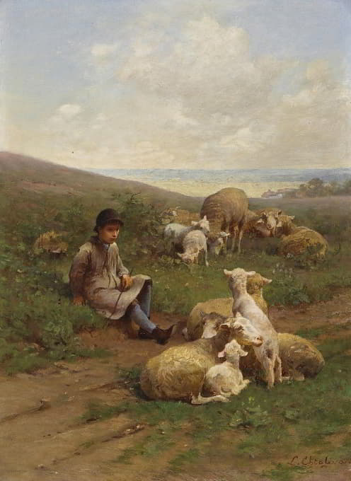 带着羊群的年轻牧羊人